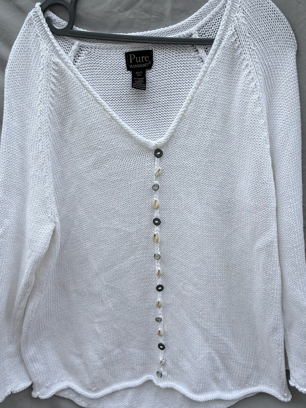 Pure Handknit, Canada, White V-Neck Unique Button-Front Sweater